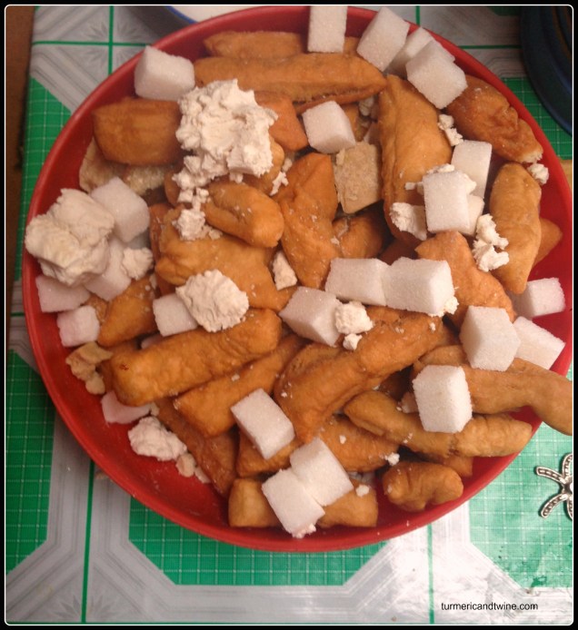 camel cheese, sugar cubes and fried bread from ger host in Mongolia