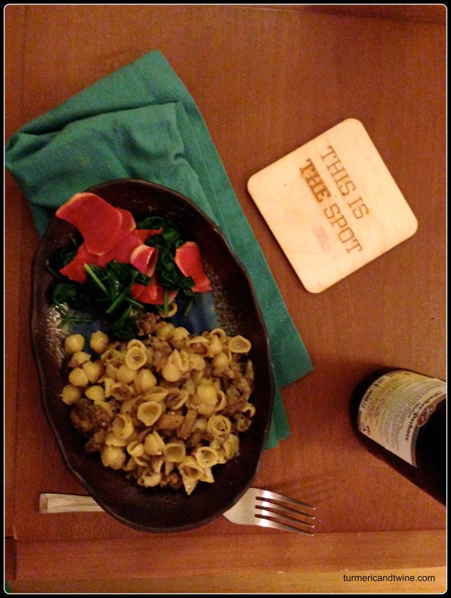 fancy mac n' cheese with watermelon radish salad